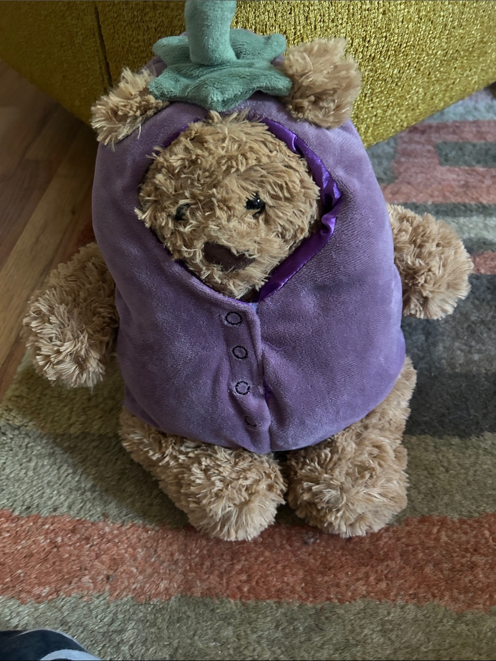 retired  H2FJellycat Bartholomew Bear in Purple Eggplant Outfit with Green Top